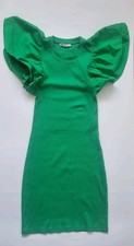 ZARA Green Ribbed Mini Dress Ruffled Sleeves SMALL
