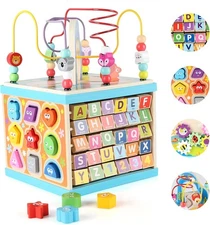 Qilay Wooden Activity Cube for Toddlers (Large), 5 in 1 Multipurpose ABC-123... 