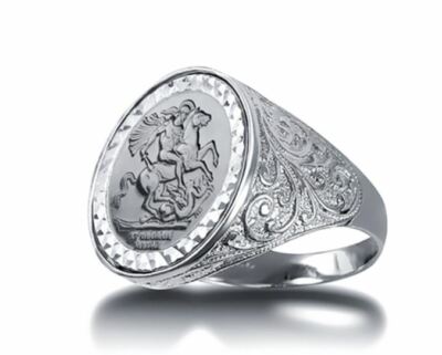 Sterlingsilber George & Dragon Scroll Seiten Imitation Half Sovereign Ring