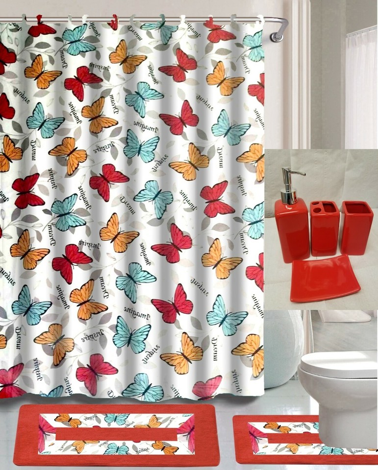 19PC SET BATHROOM BATH MATS SHOWER CURTAIN CERAMIC ACESORIES VERSATILE ...