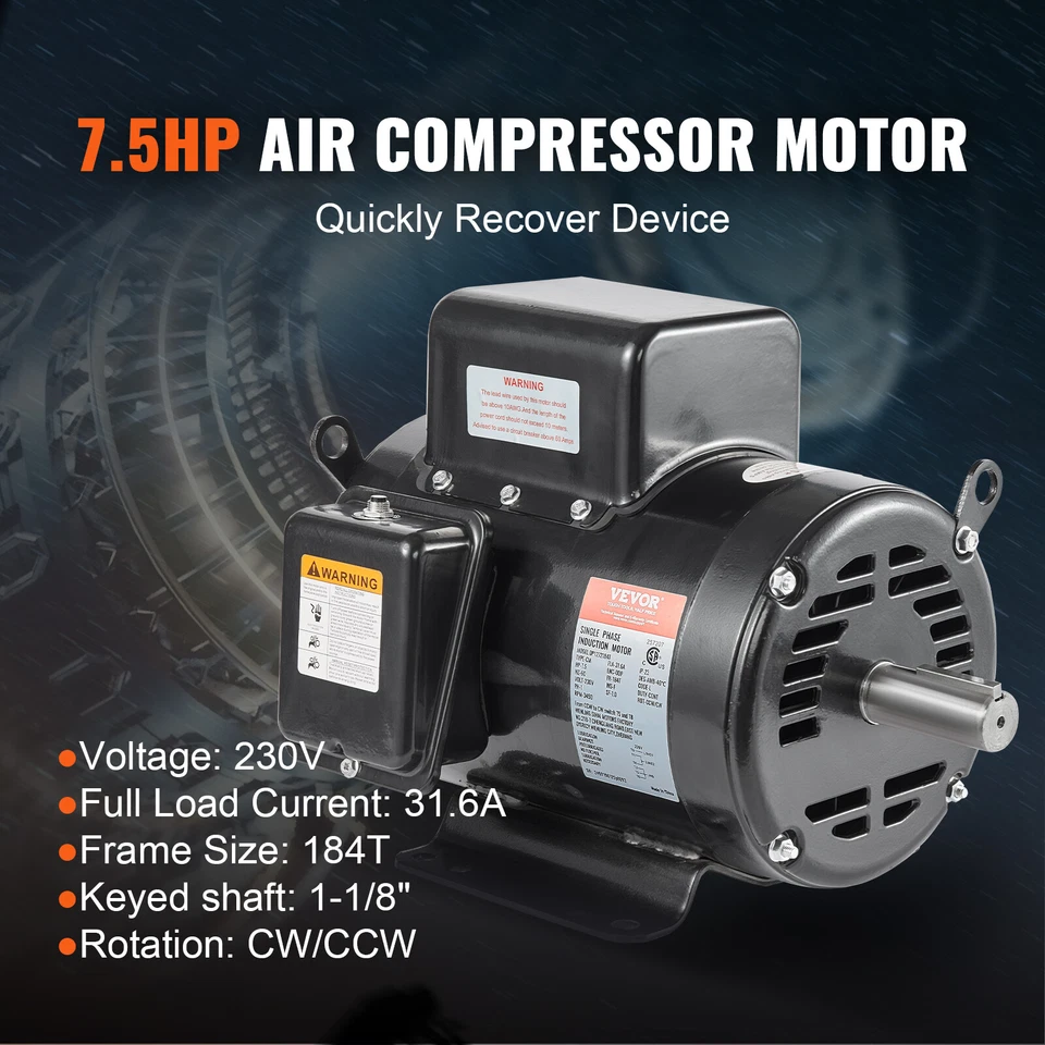 Uimoso 7.5HP Air Compressor Electric Motor 230V 3450RPM 184T Frame CW/CCW Rotate - Image 2 of 4