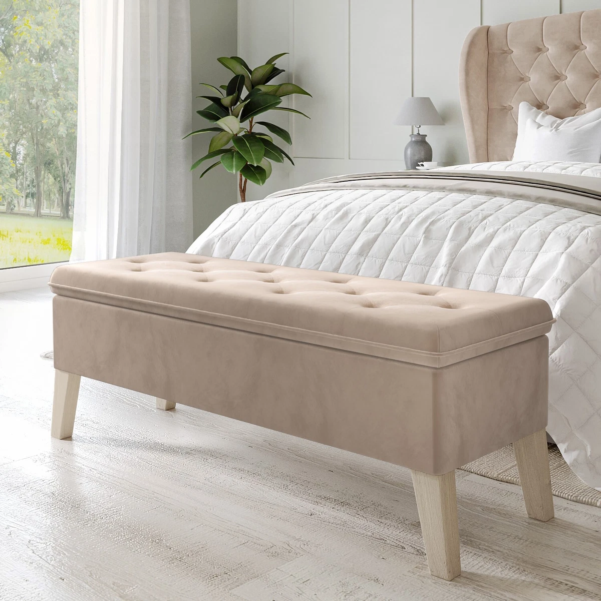 Cushioned End of Bed Ottoman Storage Bench in Beige Velvet Cameron CMN002