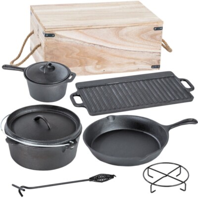Activa Dutch Oven Set 7-teilig mit Deckelheber Gusseisen Topf Pfanne Grillplatte