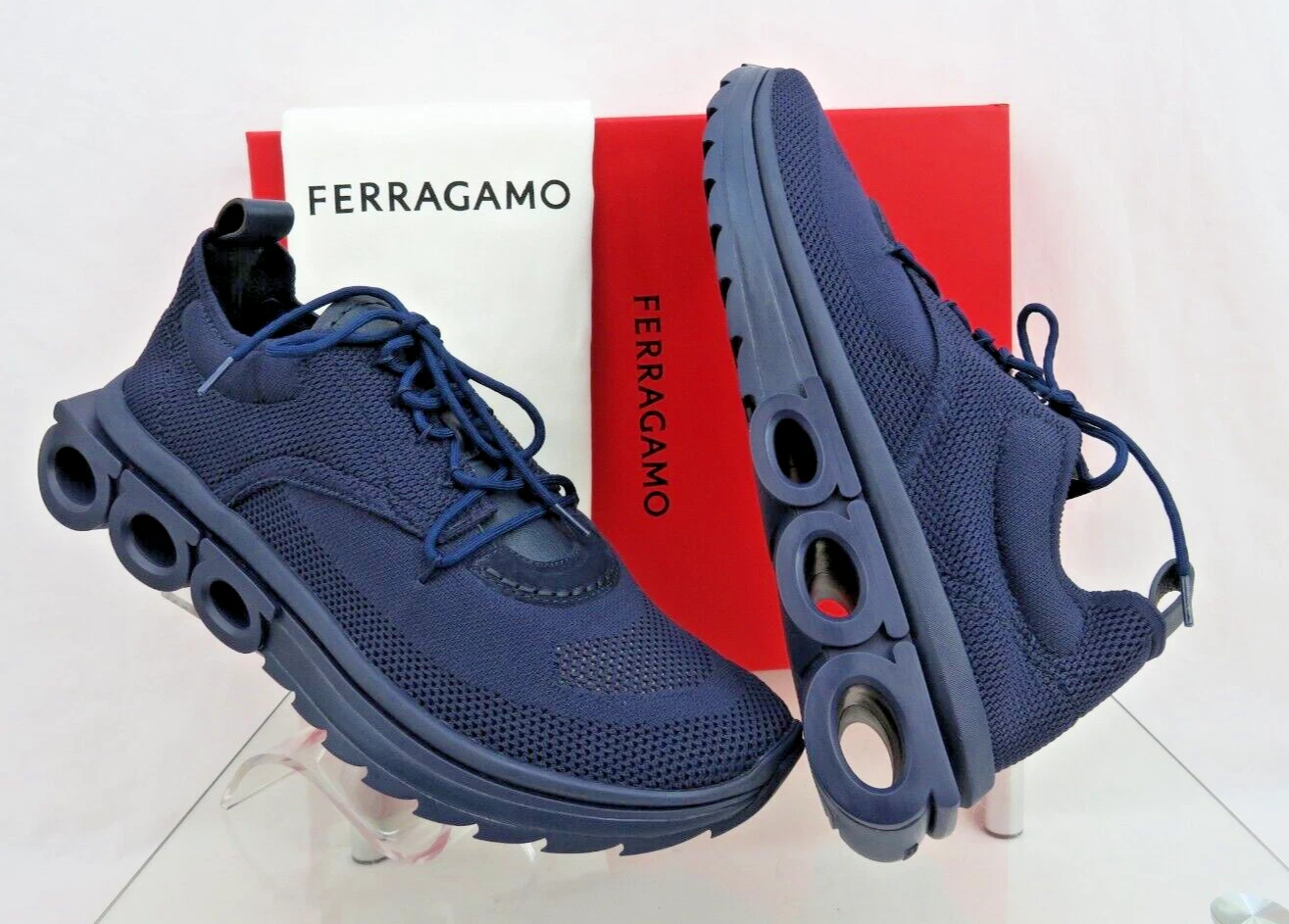 Ferragamo — NIB FERRAGAMO DARK BLUE NIMA MESH LEATHER LOGO LOW SNEAKERS  9.5 M ITALY