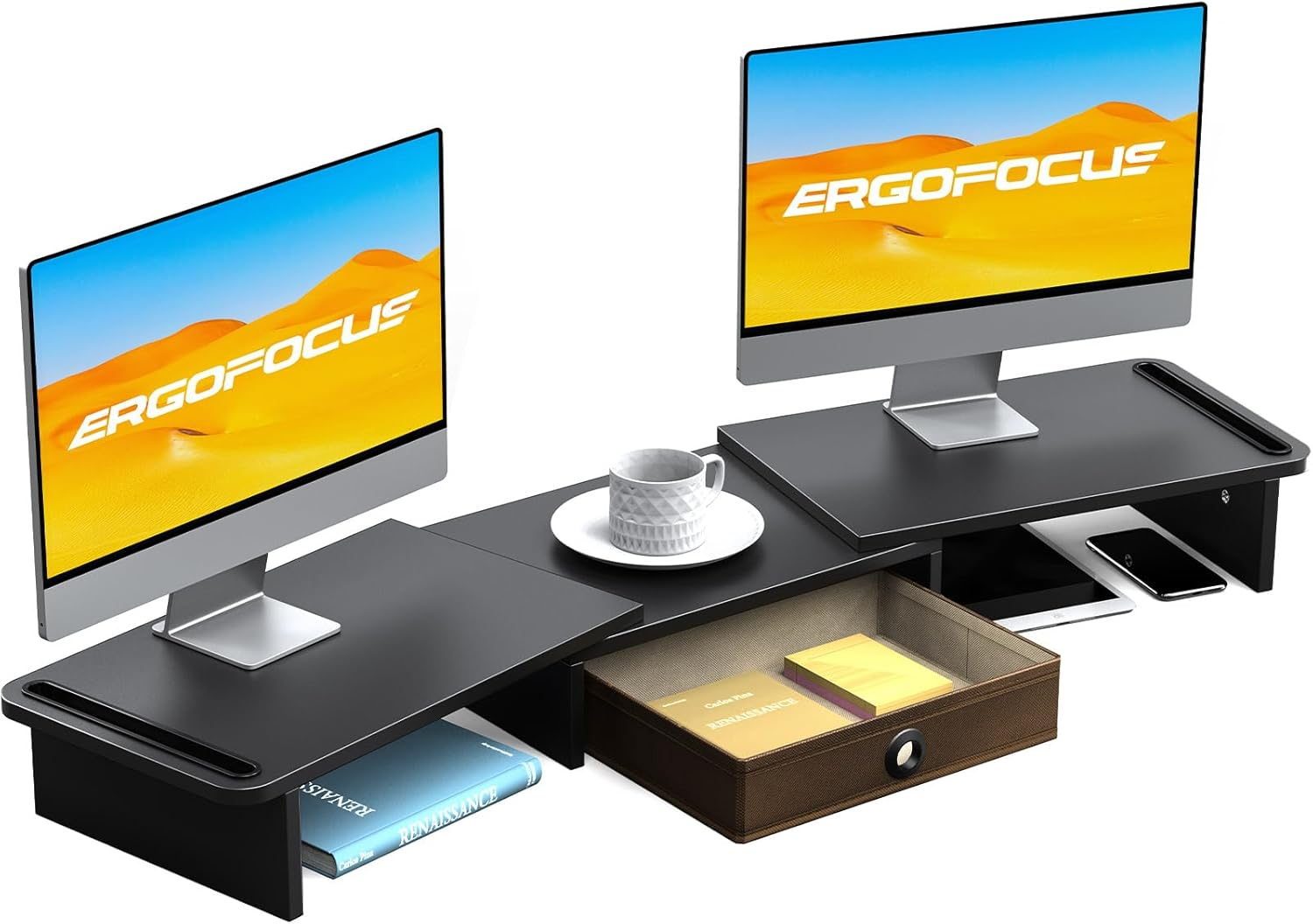 Adjustable Dual Monitor Stand Riser with Drawer for Ergonomic Setup-image