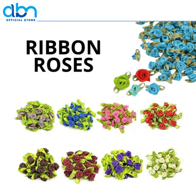KLEINES MINI SATINBAND ROSENKNOSPEN BLUMEN MIT SATIN GRÜNEN BLÄTTERN APPLIKATION BASTELN
