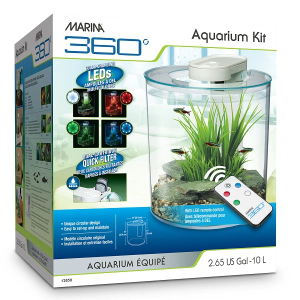 Marina 360 Aquarium 10L Fish Tank with Remote LED Lighting Kid Starter  Beginner