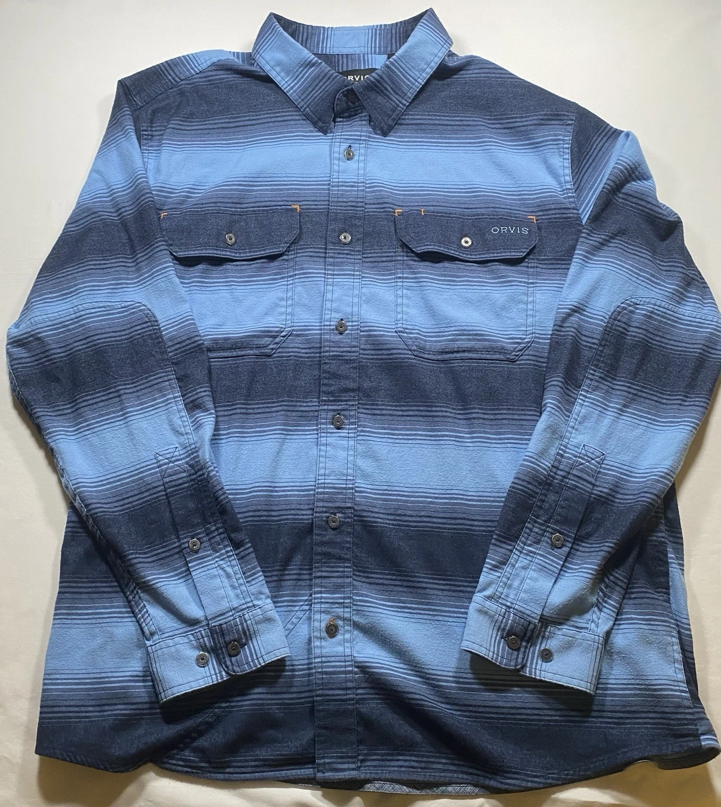 Orvis Active Fit Blue Stripe Flannel Shirt XL Long Sleeve Western Style Outdoor