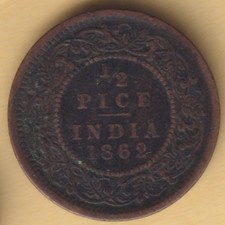 BRITISH INDIA 1862 VICTORIA QUEEN 1/2 PICE RARE COPPER COIN