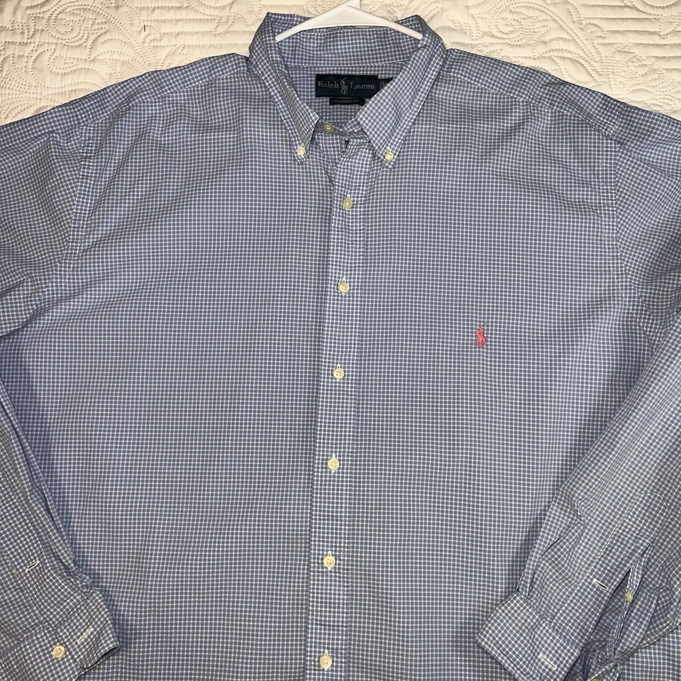Ralph Lauren Shirt Men Size 2XLT TALL Blue Check Button Up Long Sleeve Pink Pony - Image 2 of 4