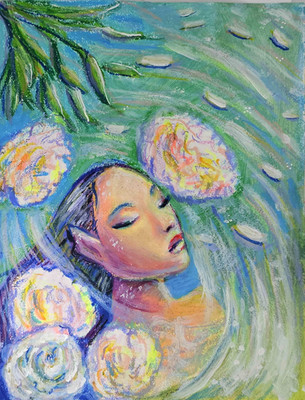 Original OOAK Floating Mermaid in Flowers 9x12 Silky Crayon Drawing by Jo Luizen
