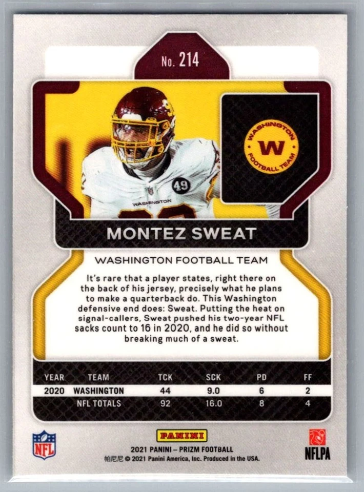 2021 Panini Prizm Montez Sweat Washington Football Team #214 - Image 2 of 2
