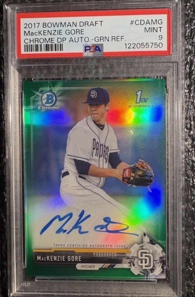 MacKenzie Gore 2017 Bowman Draft Chrome 1st Green Refractor Auto #’d /99, PSA 9