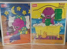 Vintage 1993 Playskool Barney Bed Time (7) & Bathtime (8) pcs Wooden Tray Puzzle