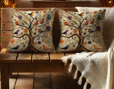 Beautiful 2 PC SET Boho Vintage Tree Bird Pillow Covers 18"x18" inch Both Sides