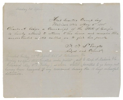 F.F. L’Engle – Civil War Confederate Parole Document – May 5, 1865 – Florida