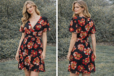 Madewell Floral Dress Women’s Size 0 Black Red V-Neck Short Sleeve