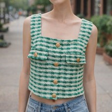 Aqua Vintage 60's Style Tweed Top Green White with Gold Buttons