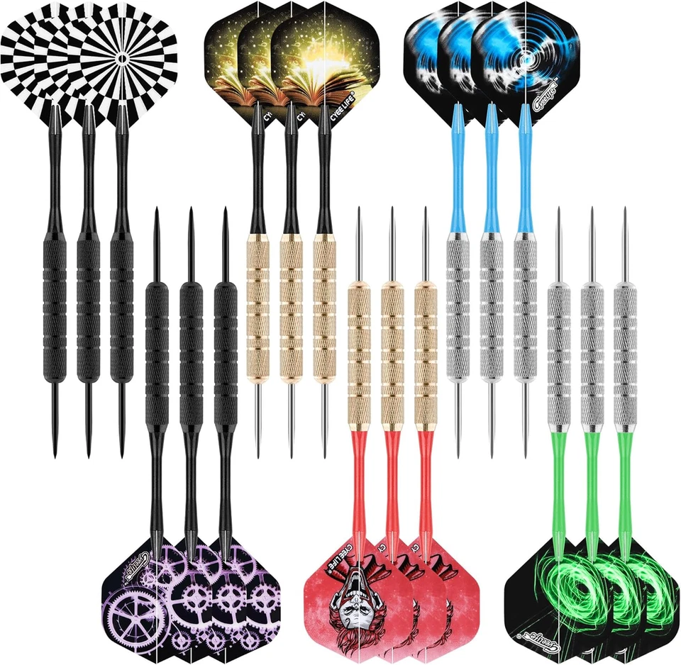 Cyeelife Dartpfeile Metallspitze 18 Stück Steeldarts Set mit Schaft & Flights