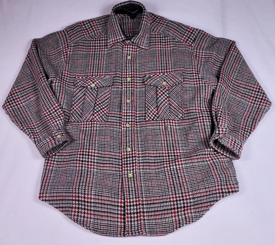 Camisa masculina vintage Tommy Hilfiger M/M preta vermelha lã xadrez Houndstooth anos 90 brasão - Imagem 2 de 4