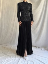 Bob Mackie Gown vintage Black Long Sleeve Beaded Sequin Dress Pleated 12