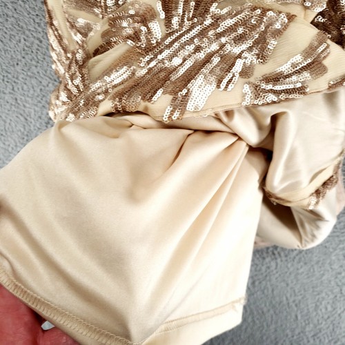 Adrianna Papell Women Beige Gold Sequined Knee-Length Sheath Dress 2 Sheer Lined - Picture 13 of 16