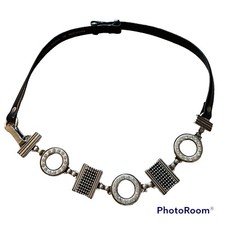 Chicos Statement Belt Sz Small Medium Metal Shapes Rhinestone Adjustable Leather