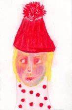 Winter Art Woman Portrait Painting Red Pom Pom Hat Naive Outsider Miz Katie