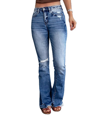 Pantalon Blue Distressed Raw-Hem Flare Jeans Size M