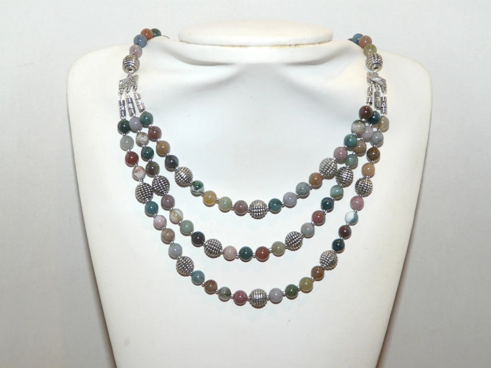 Collier plastron 3 rangs en pierre véritable d'agate indienne multicolore UNIQUE - Photo 2/4