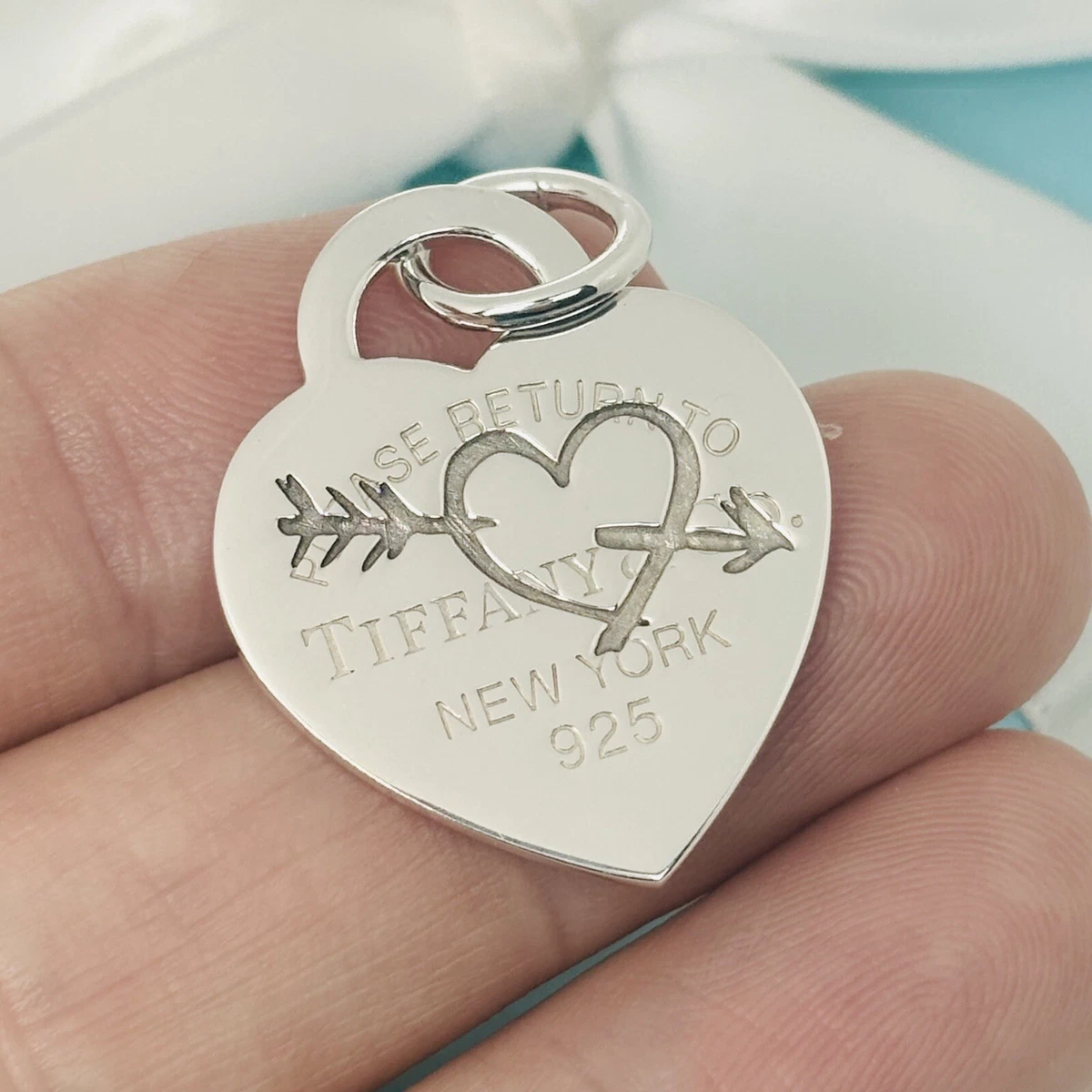 Large Return to Tiffany Etched Love Arrow Heart Tag Pendant Charm