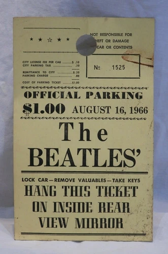 The Beatles Parking Pass Ticket Stub Aug 16, 1966 JFK Stadium Philadelphia, PA