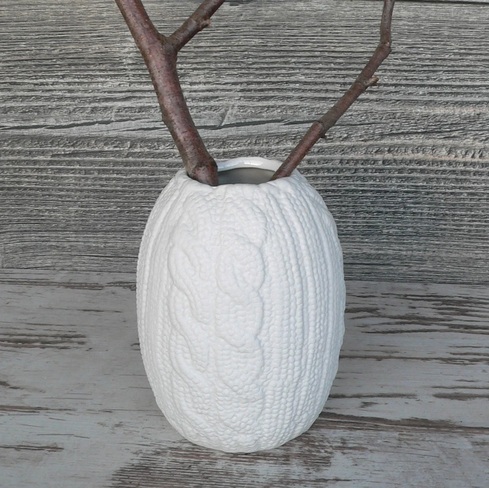 Blumenvase Vase Porzellan weiß Tischvase Strickmuster 12cm groß Hochzeit rund - Bild 2 von 2