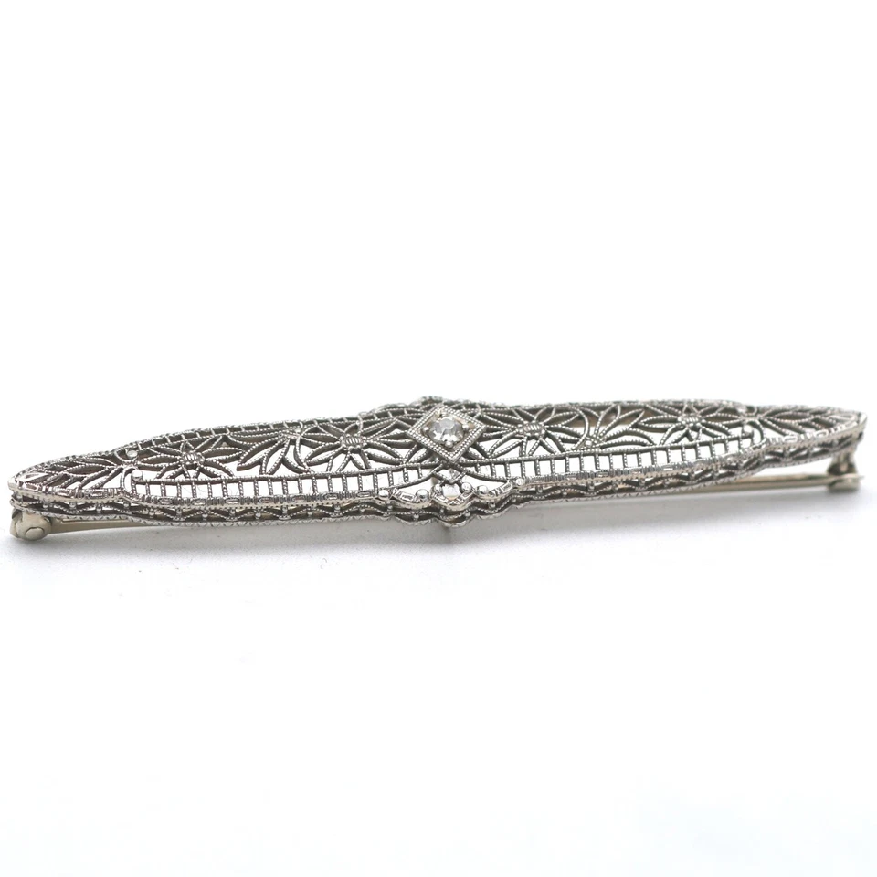 Brosche 585 Gold 14 Karat Weißgold Diamant 0,10 CT Altschliff Antik Vintage