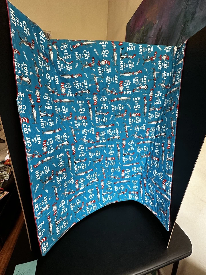 Cat In The Hat Dr. Seuss Handmade Baby Quilt Double Sided Blue 40” X 35” READ - Image 3 of 4