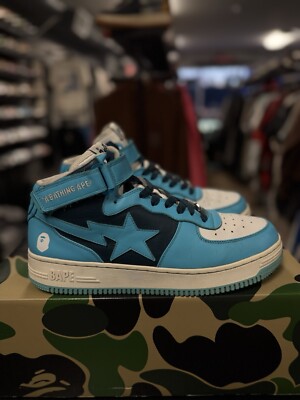 A Bathing Ape Baby Blue Mid Leather Bapesta Size 12 Authentic W Box