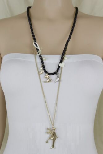 New Women Long Black Beads Necklace Fashion Gold Chain Tinkerbell Cat Birt Heart - Afbeelding 1 van 10
