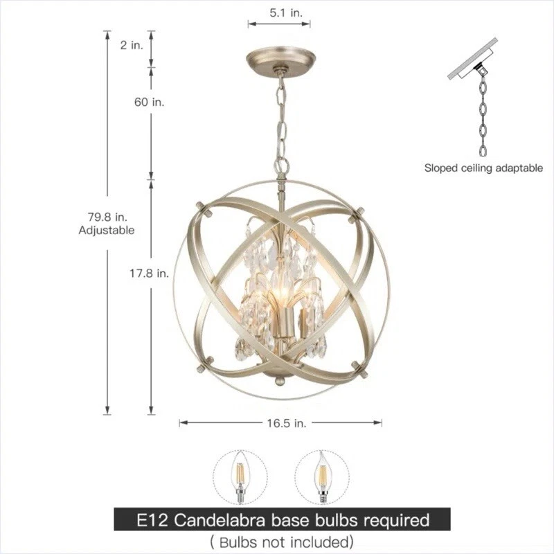 Rappaport 4 Light Dimmable Globe Chandelier with Crystal Accents New Champagne - Image 2 of 4