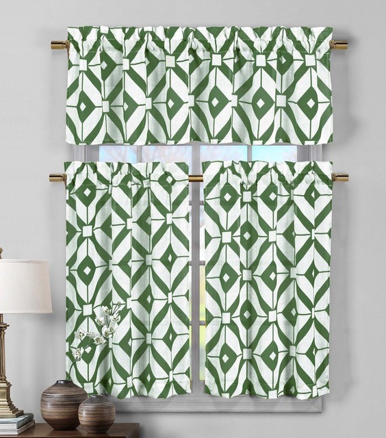 3 Piece Sheer Window Curtain Geometric Design 2 Tiers 1 Valance Green White NWOP eBay