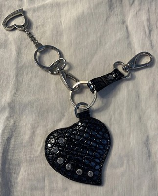 Charlie Lapson Blue Black Leather Croc Print Heart Keychains Rhinestone