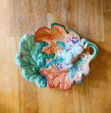 Vintage Fitz & Floyd Woodland Spring Bunny Sleeping On Leaf Candy Dish Trinket 