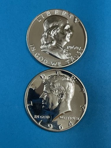 2-Coins 50c SILVER 1960 Franklin HD/1964 Kennedy HD Proof