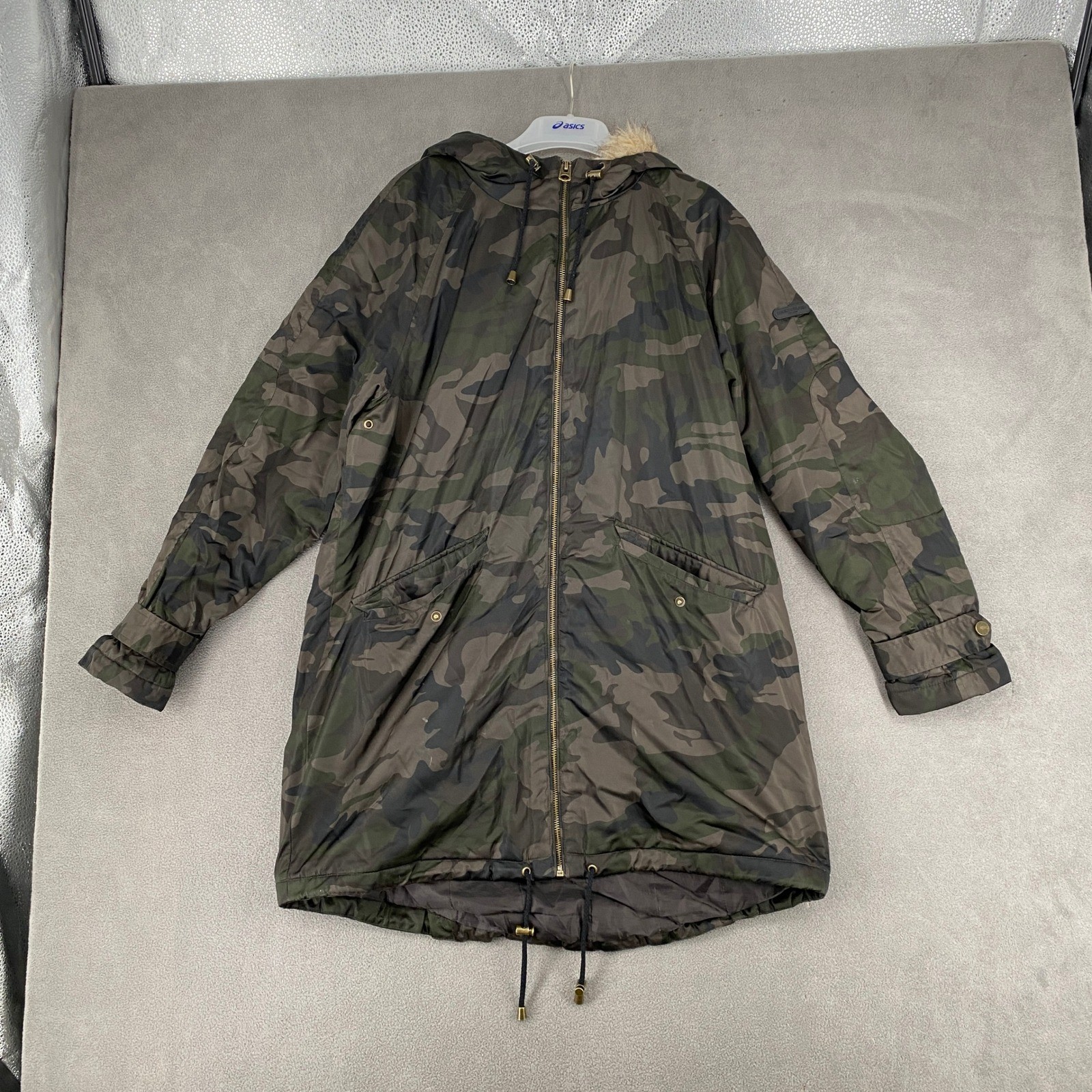 Lucky Brand Womens Camo Print Faux Fur Hooded Parka Jacket Green Large H178