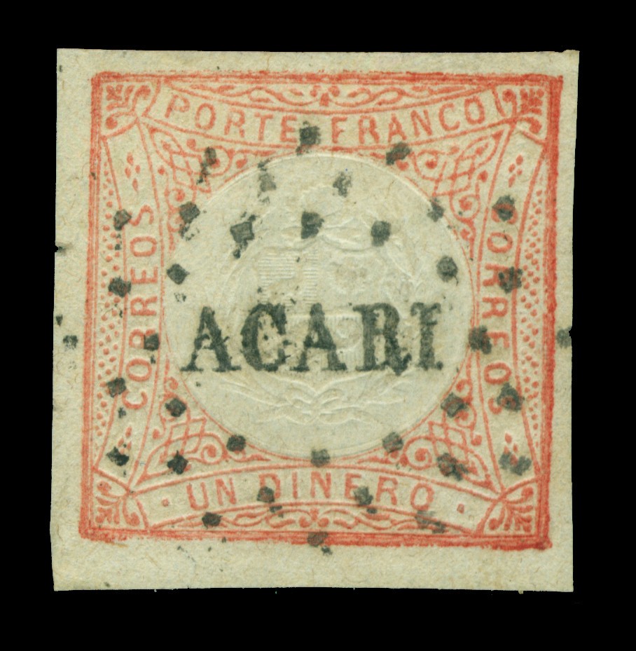PERU 1862 Coat of Arms 1p red  Scott # 12  used XF  "ACARI" postmark - Rare