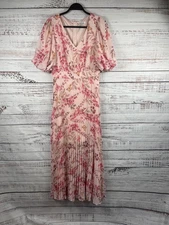 Kensie Dress Womens 8 Pink Floral Butterfly Pleated Chiffon Maxi Fit Flare