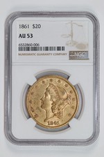 1861 $20 GOLD LIBERTY DOUBLE EAGLE NGC AU53