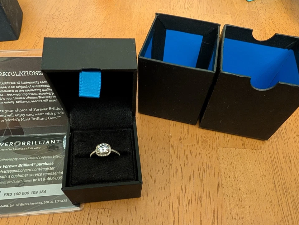 Moissanite Co. Anillo de compromiso pequeño halo brillante para siempre corte cojín Foto 4 de 4