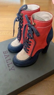 Bally Suede Red, navy blue and beige leather Lace Up Ankle Heel Boot Size 39