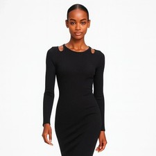 WHBM FORME Black Rib Midi Bodycon Cutout Cocktail Dress sz LRG LBD nwot