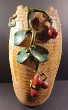 Vintage Art Nouveau Majolica-style Red Berries and Leaves Pottery Vase 12 1/2 In